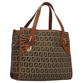 Fendi-FENDI Zucchino Canvas Hand Bag Brown Gold Auth sw308-Brown,Golden
