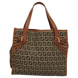 Fendi-FENDI Zucchino Canvas Hand Bag Brown Gold Auth sw308-Brown,Golden