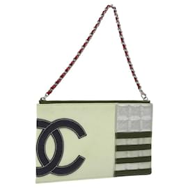 Chanel-CHANEL Choco Bar line Accessory Pouch Canvas White Silver CC Auth 118132-Silvery,White