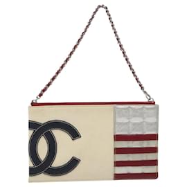 Chanel-CHANEL Choco Bar line Accessory Pouch Canvas White Silver CC Auth 118132-Silvery,White