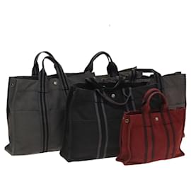 Hermès-HERMES Fourre Tout Sac Tote Toile 5Set Noir Gris Rouge Auth ki5556-Marron,Noir,Rouge