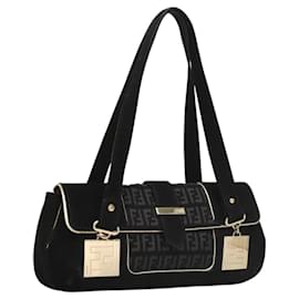 Fendi-FENDI Zucchino Canvas Shoulder Bag Suede Black Auth 117694-Black