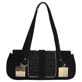 Fendi-FENDI Zucchino Canvas Shoulder Bag Suede Black Auth 117694-Black