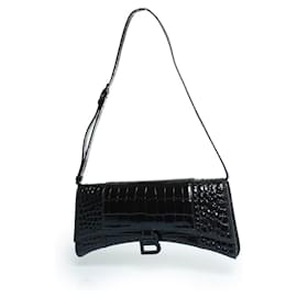 Balenciaga-Balenciaga, sac à bandoulière Hourglass en croco imitation-Noir