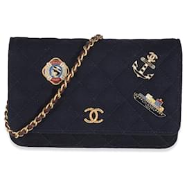 Chanel-Chanel Navy Quilted Felt Paris-Hamburg Charms Wallet On Chain-Blue