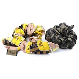 Fendi-Fendi Silk Zucca Ribbon Motif Hair Scrunchies-Brown,Yellow