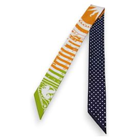 Hermès-Écharpe Twilly en soie à pois d'Hermès-Blanc,Orange,Bleu Marine