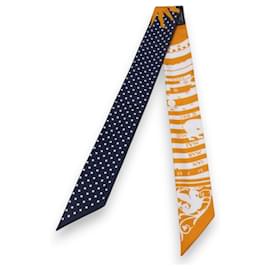 Hermès-Hermes Astrologie a Pois Silk Twilly Scarf-White,Orange,Navy blue
