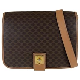 Céline-Celine Macadam Brown Gold Hardware Shoulder Bag-Brown