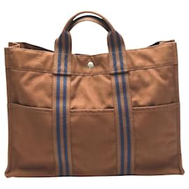 Hermès-Sac à main HERMES Tote Bag Foule MM en toile marron-Marron