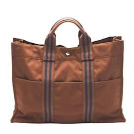 Hermès-Sac à main HERMES Tote Bag Foule MM en toile marron-Marron