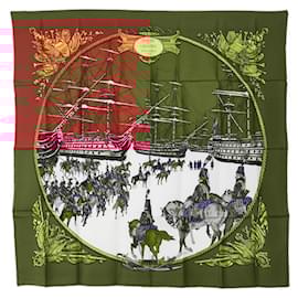 Hermès-Écharpe Hermes Carre 90 Marine et Cavalerie-Marron,Multicolore