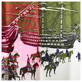 Hermès-Écharpe Hermes Carre 90 Marine et Cavalerie-Marron,Multicolore