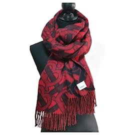 Burberry-Burberry 100% Cashmere TB Monogram Jacquard Fringe Long Stole Scarf-Black,Red