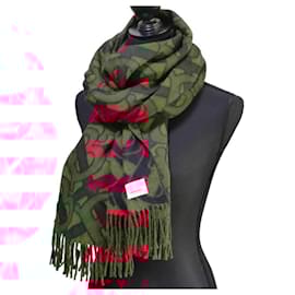 Burberry-Burberry 100% Cashmere TB Monogram Jacquard Fringe Long Stole Scarf-Black,Red