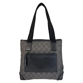 Gucci-Gucci Black GG Canvas Leather Tote Bag-Black