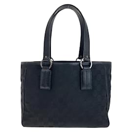 Gucci-Gucci Black GG Canvas Leather Tote Bag-Black