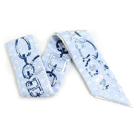 Hermès-Hermes Twilly Silk Scarf in Blue and White-White,Blue