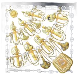 Hermès-Hermes Silk Scarf in Black, Gold, and White-Black,White,Golden