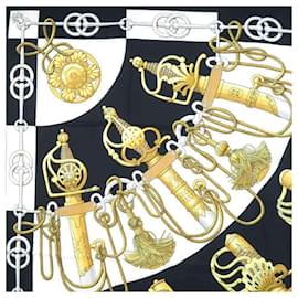 Hermès-Hermes Silk Scarf in Black, Gold, and White-Black,White,Golden