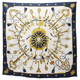 Hermès-Foulard Hermes Carre 90 LES CLES-Blanc,Multicolore,Bleu Marine