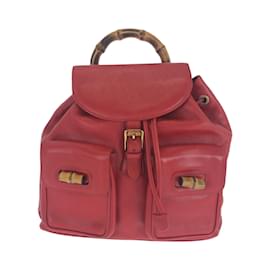 Gucci-Gucci Bamboo Red Brown Gold Hardware Leather Backpack-Brown,Red