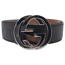 Gucci-Gucci GG Pattern Brown Silver Leather Belt-Brown,Silvery