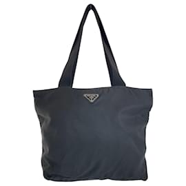 Prada-Prada Tessuto Triangle Logo Plate Tote Bag-Black