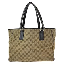 Gucci-Gucci Beige Brown GG Canvas Leather Tote Bag-Brown,Beige