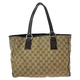 Gucci-Gucci Beige Brown GG Canvas Leather Tote Bag-Brown,Beige