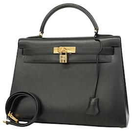 Hermès-Sac à main Hermes Kelly 32 en cuir de veau noir-Noir