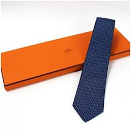 Hermès-Hermes Silk Necktie in Blue and Navy-Blue,Navy blue