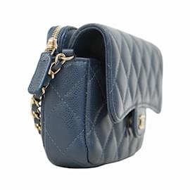 Chanel-Chanel Navy Grained Calfskin Shoulder Wallet-Navy blue