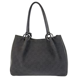 Gucci-Gucci Black GG Canvas Leather Tote Bag-Black