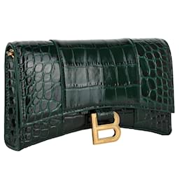 Balenciaga-Balenciaga Hourglass Embossed Croco Wallet On Chain-Green