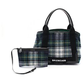 Balenciaga-Sac Cabas S en laine et cuir navy Balenciaga 339933-Vert
