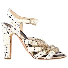 Chanel-Sandales à talons hauts avec chaîne Chanel en tweed blanc-Blanc