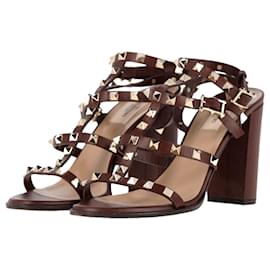Valentino Garavani-Sandales à talons blocs Rockstud Valentino en cuir bordeaux-Marron,Rouge