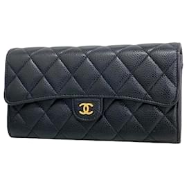 Chanel-Portefeuille Long Chanel en Cuir de Veau Grainé Noir-Noir