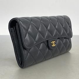 Chanel-Portefeuille Long Chanel en Cuir de Veau Grainé Noir-Noir