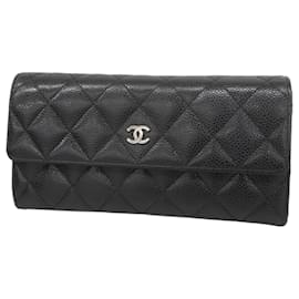 Chanel-Portefeuille Long Chanel en Cuir de Veau Grainé Noir-Noir