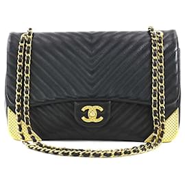 Chanel-Sac à épaule en cuir V-Stitch de Chanel-Noir,Doré