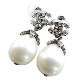 Chanel-Chanel Coco Mark Metal Faux Pearl Earrings-Silvery,Eggshell