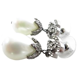 Chanel-Chanel Coco Mark Metal Faux Pearl Earrings-Silvery,Eggshell