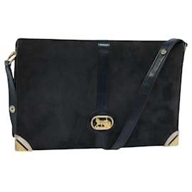 Céline-CELINE Shoulder Bag Suede Navy Gold Auth 118002-Golden,Navy blue