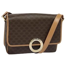 Céline-CELINE Macadam Canvas Circle Shoulder Bag PVC Leather Brown Gold Auth 118034-Brown,Golden