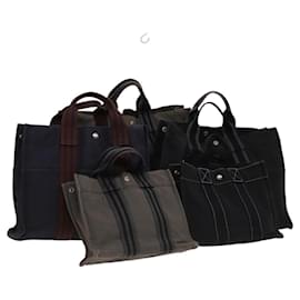 Hermès-HERMES Fourre Tout Sac Tote en Toile 5Set Noir Gris Marine Auth ki5557-Marron,Noir,Bleu Marine
