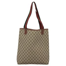 Gucci-GUCCI GG Supreme Web Sherry Line Tote Bag PVC Beige 002 123 6487 Auth ar13366-Beige