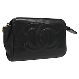Chanel-CHANEL COCO Marque Pouch Cuir d'Agneau Noir Or CC Auth 117311-Noir,Doré