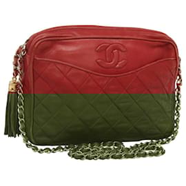 Chanel-CHANEL Matelassé COCO Marque Sac à Bandoulière Chaîne Cuir d'Agneau Rouge Or CC Auth BA1494-Rouge,Doré